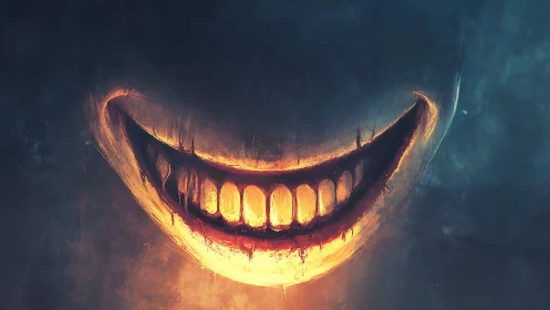 Burning demonic smile hangs in dark atmospheric void.