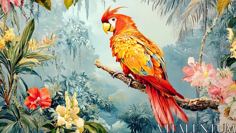 Vibrant parrot on branch in lush tropical jungle, digital art style.