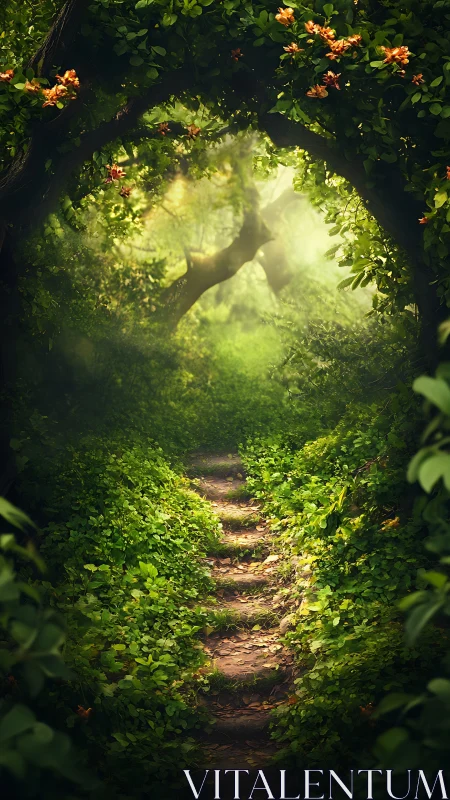 Forest Tunnel Pathway: Lush Vegetation Frames Golden Sunlight.