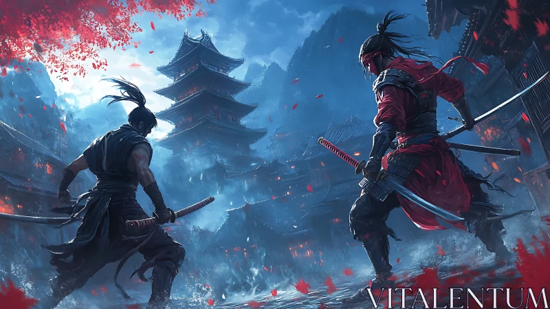 Dueling samurai carve crimson tension beneath misty pagoda skies
