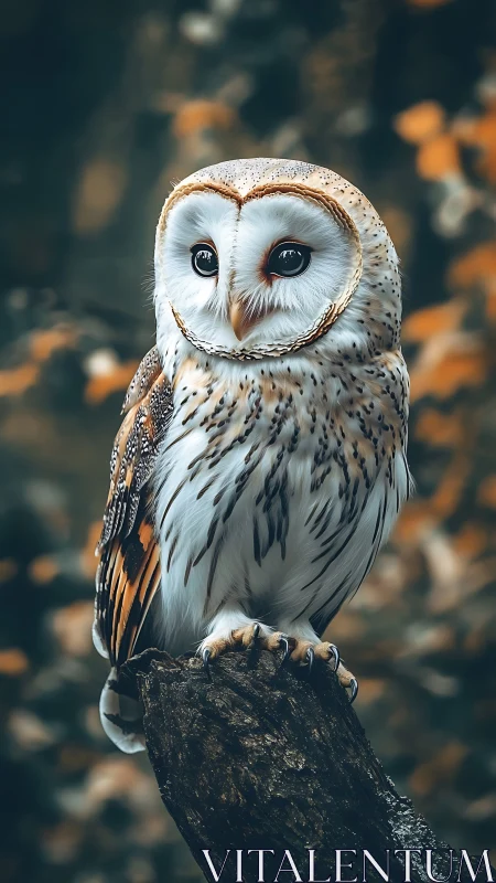 Barn owl in autumn bokeh with hyperreal feather detail.