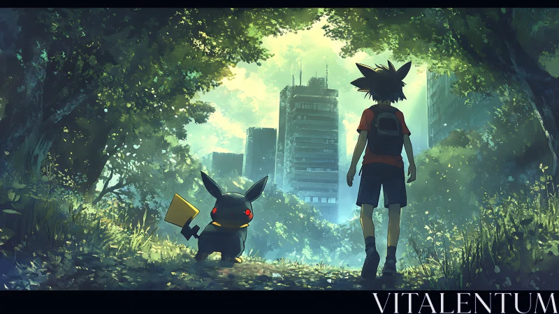 Sunlit forest doorway to a quiet overgrown city adventure.