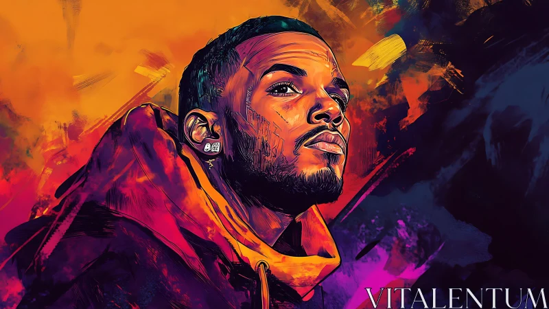 Digital portrait depicts a male figure in warm contrasted lighting