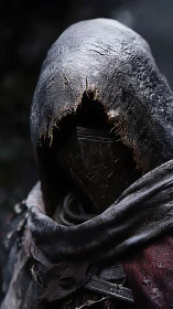 Hooded armored figure in dark weathered cloak close-up