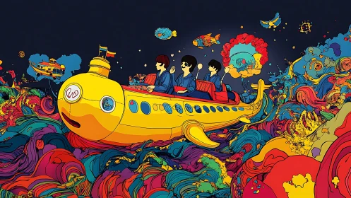 Playful yellow submarine cruising a swirling rainbow sea.