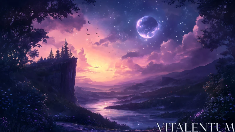 Enchanted river valley under glowing moonlit twilight.