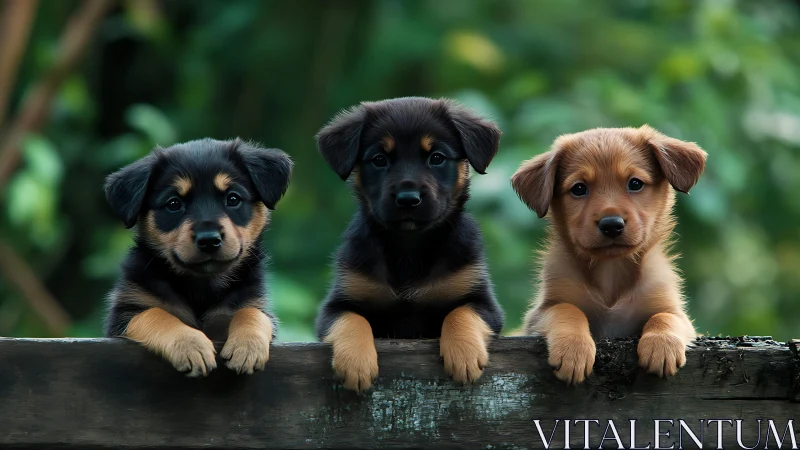 Three curious puppies rest paws on weathered wooden fence.