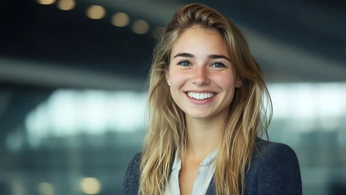 Confident young woman smiling in modern business environment.