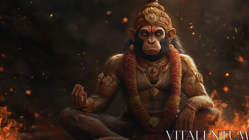 Regal monkey sage in glowing garlands and sacred fire.