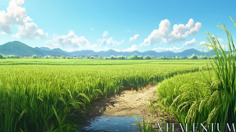 Sunlit rice fields with distant village and blue mountains.
