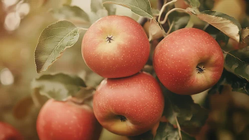 Sunlit orchard apples glowing like autumn lanterns on boughs.