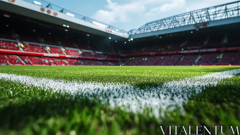 Low-angle stadium corner view shows textured turf and bokeh stands