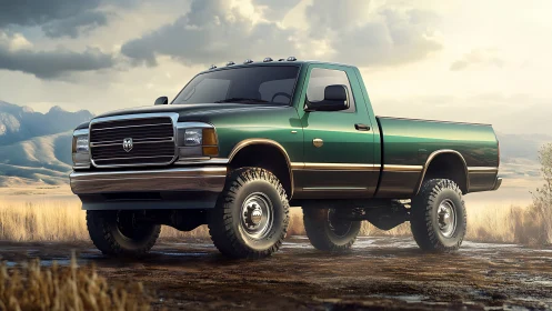 Green lifted pickup truck dominates sunlit desert plain.