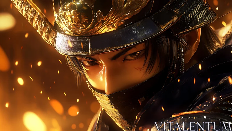 Armored samurai warrior close-up in ember lit battle glow