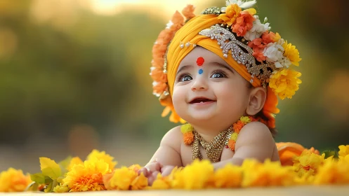 Infant in ornate yellow turban surrounded by marigold flowers.