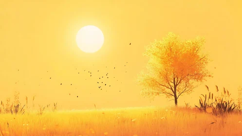 Golden meadow sunrise with solitary autumn tree glowing
