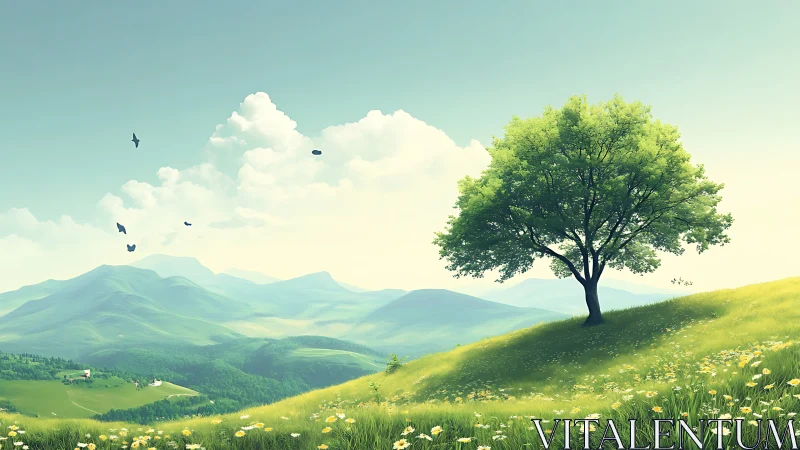 Solitary tree stands on grassy hillside before distant ranges