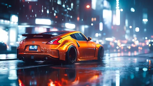 Bright orange sports car glowing in a rainy neon city night.