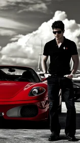 High-contrast portrait of man in black beside glossy red supercar