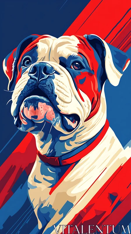 Heroic bulldog portrait in bold red and electric blue stripes.