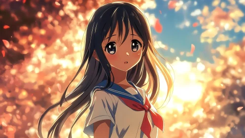Sunlit petals drift around a shy anime schoolgirl’s gaze.