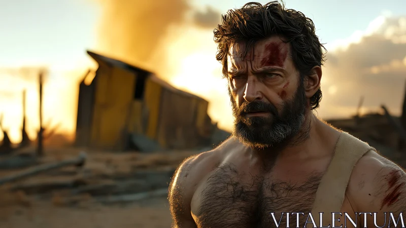 Bearded warrior in desert ruin at sunset, bloodied stance.