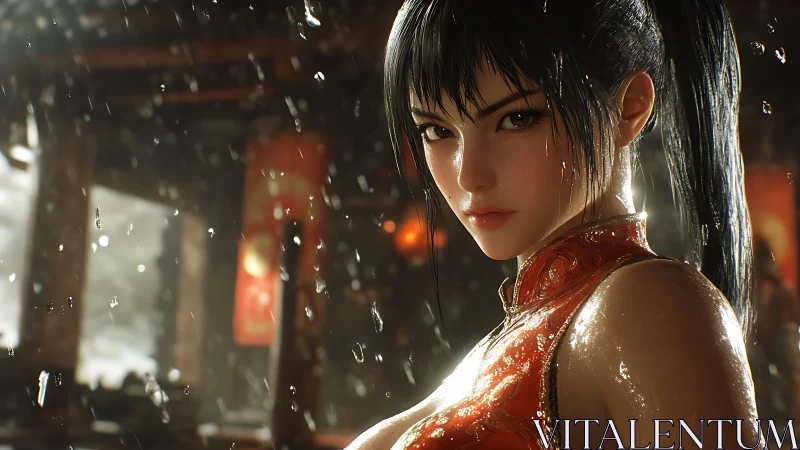 Rain-soaked warrior girl stares with fierce resolve.