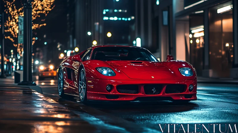 Midnight city cruise with a glowing red supercar dream.