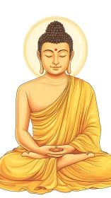 Meditating Buddha illustration with luminous golden aura