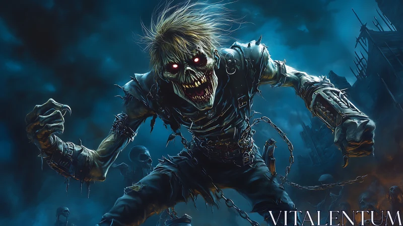 Undead warrior lunges forward under stormy blue sky