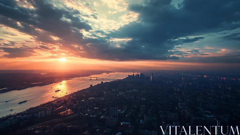 Urban riverside skyline under low sun with dense cloud cover.