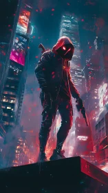 Neon hooded vigilante stalks the rain-lit cyber city skyline.