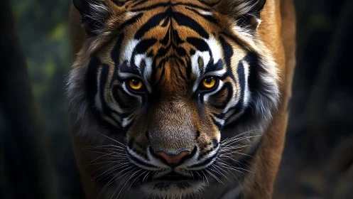 Predatory tiger portrait in moody low key jungle lighting.