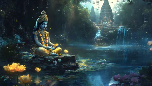 Divine blue figure meditating by luminous temple waterscape.