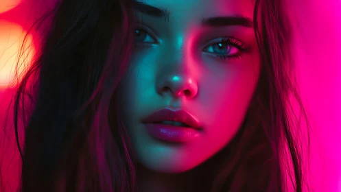Neon-lit portrait of a dreamy gaze in soft electric color.