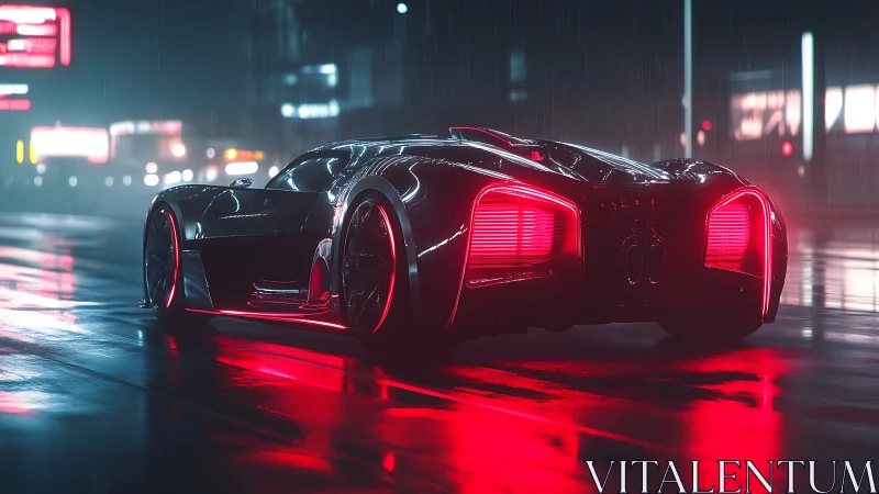 Neon soaked supercar idles in a rain washed night street.
