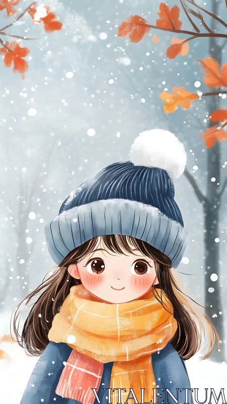 Illustrated child in winter clothing stands in light snowfall