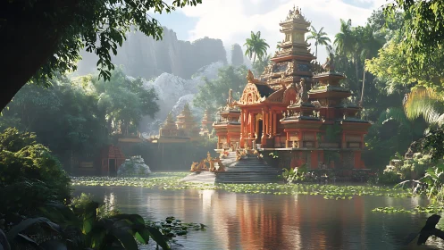 Temple Complex Reflected in Waterway, Tropical Setting.
