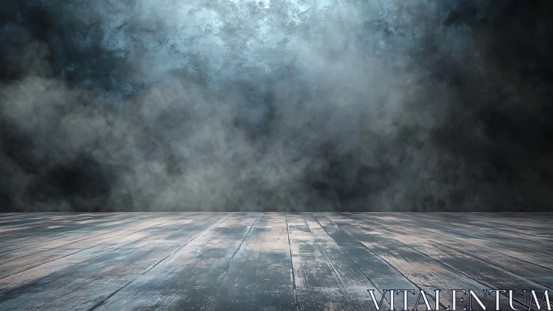 Weathered wood floor under moody smoke filled backdrop.