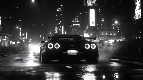 Midnight skyline hunter idling in rain-slick neon corridors.