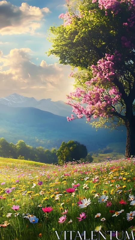 Digital painting of alpine wildflower meadow and blossom tree.