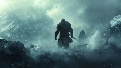 Solitary warrior advances through volumetric arctic blizzard field