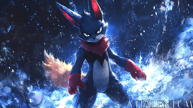 Powerful blue fox creature stands in glowing water storm.