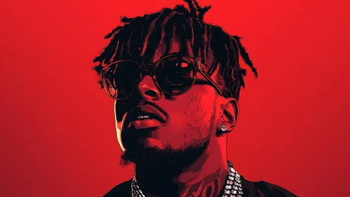 Bold red vector portrait of sunglasses-wearing musician.