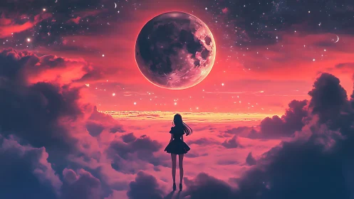Girl stands on glowing clouds under huge red moon sky.