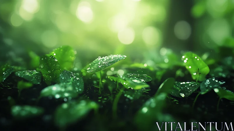 Macro depth-of-field study of dew-laden understory foliage.