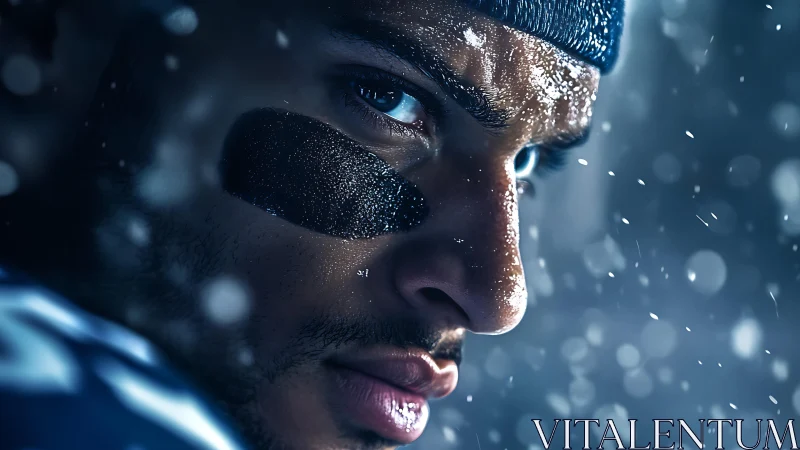 Snow-soaked football player close-up with eye black and bokeh