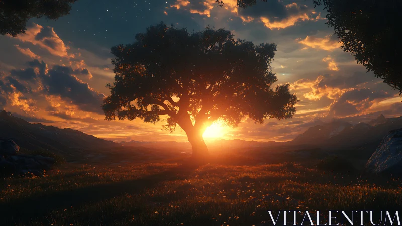 Solitary oak backlit by cinematic sunset glow in meadow.