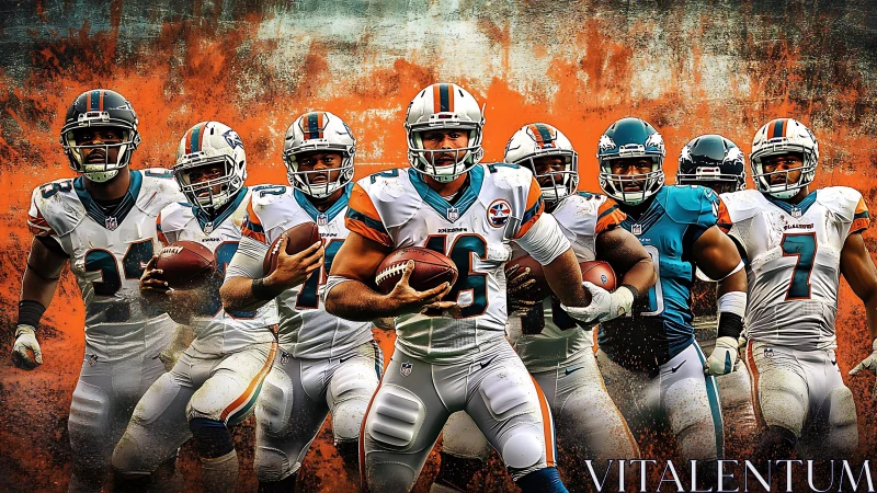 Gridiron thunder line surges through a storm of orange grit.