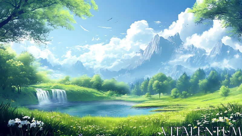 Luminous alpine valley with lake, waterfall, and distant peaks.